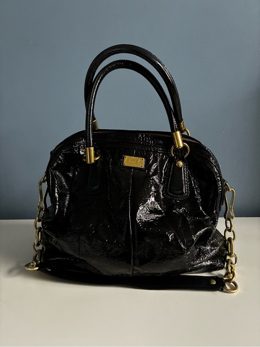 Coach Black Patent Leather Shoulder Satchel with Gold Hardware